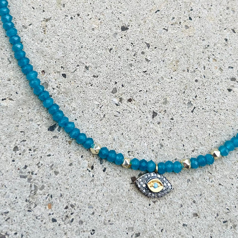 Hot Blue Jade Grey Diamonds Eye Necklace