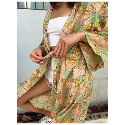 Panther Beige Mid-Length Cotton Kimono