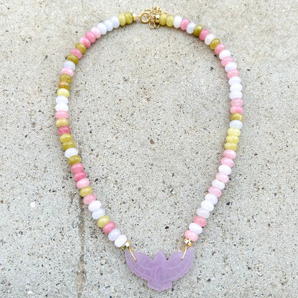 Pink Quartz & Jade Mix OOAK  Phoenix Necklace