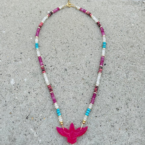 Bright Pink Agate Phoenix Assorted Gems Beaded Necklace