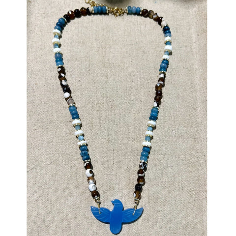 Blue Chalcedony Eagle Beaded Necklace