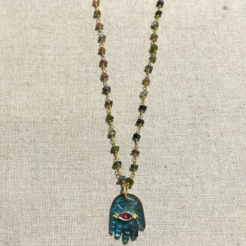 Labradorite Hamsa Tourmalines Necklace