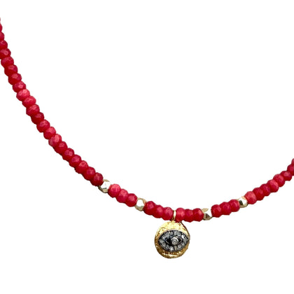 Red Jade Grey Diamonds Eye Necklace