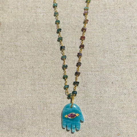 Amazonite Hamsa Tourmalines Necklace