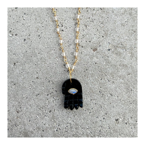 Black Onyx Moonstone Hamsa Moonstone Necklace