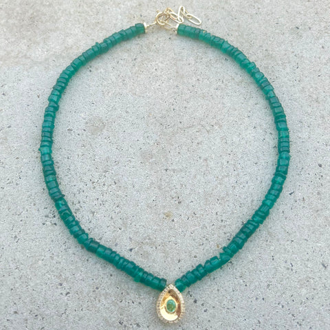 Green Onyx Emerald diamond teardrop Necklace