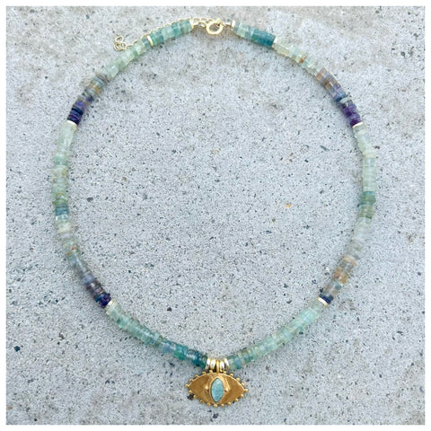 Jaipur Amazonite Eye Purple Fluorite Beaded Necklace