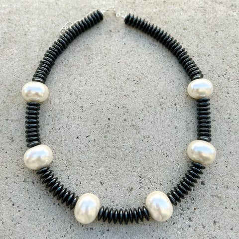 Dark Grey Hematite & Pearls Yael Necklace