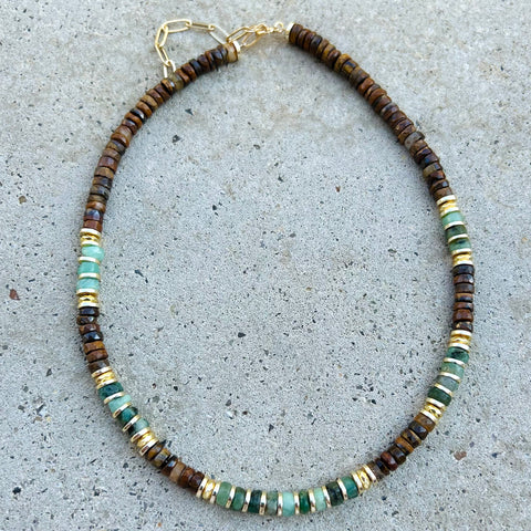 Greta Tiger Eye & Emerald Beaded Necklace