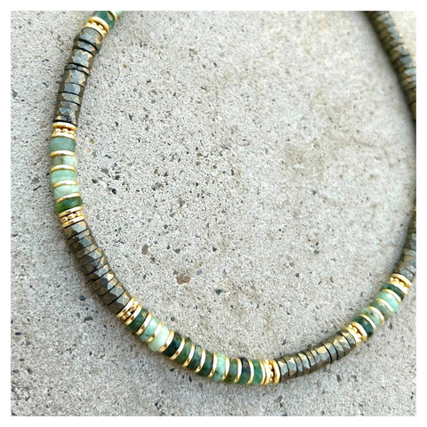 Greta Pyrite & Emerald Beaded Necklace