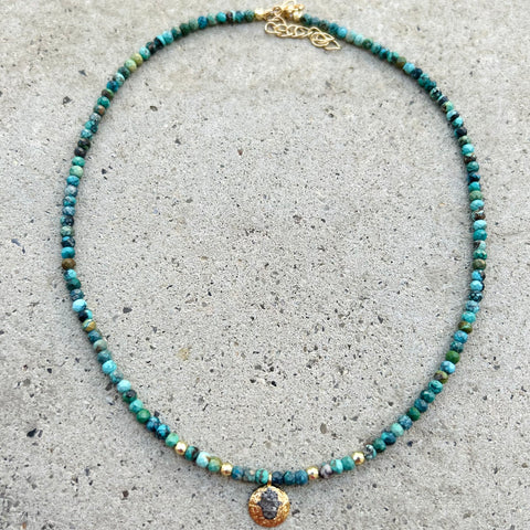African Turquoise Grey Diamonds Hamsa Necklace