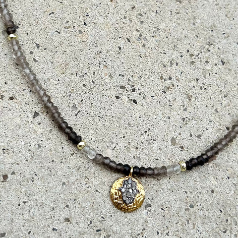Smokey Quartz Grey Diamonds Hamsa Necklace