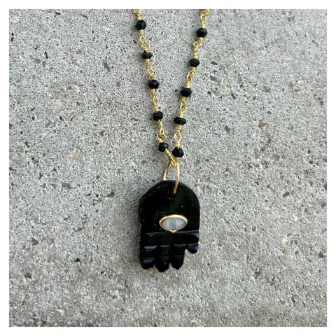 Black Onyx Moonstone Hamsa Black Onyx Necklace
