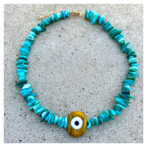 Biggie Yellow Nazar Turquoise Shell Nuggets Necklace