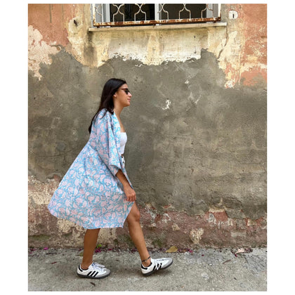 Floral Blue Mid-Length Cotton Kimono