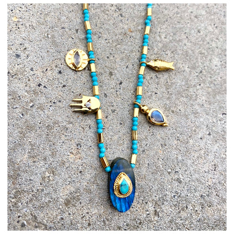 Grigris Turquoise & Labradorite Beaded Necklace