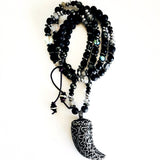 Silver Carved Horn Custom Black, White & Grey Beaded Necklace
